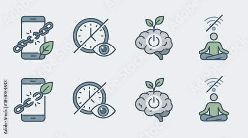 Embracing Digital Detox and Mindfulness Icons Illustrating Strategies for Achieving Mental Clarity, Enhanced Focus, and Personal Growth in a Connected World