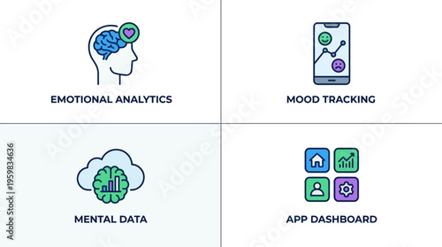 Digital well-being concept icons illustrating emotional analytics, mood tracking, mental data insights, and application dashboards for health management solutions