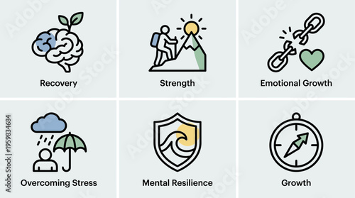 A collection of inspiring icons illustrating the journey of personal growth, mental resilience, and holistic well-being, encompassing recovery, strength, and overcoming life's challenges