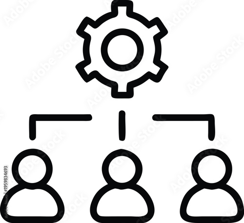 This graphic depicts a gear symbol connected to a hierarchical network of three simplified human figures below high quality professional detailed modern elegant stylish clean crisp