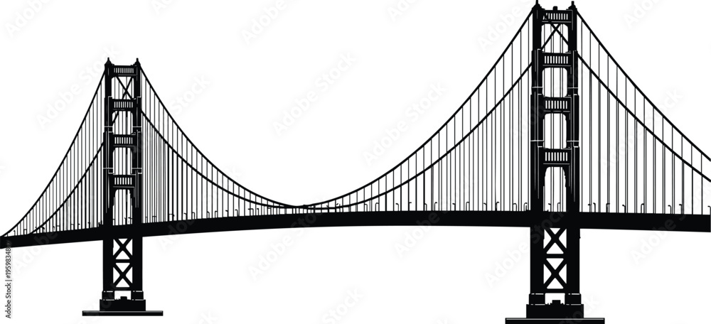 Fototapeta premium Silhouette of suspension bridge with towers and cables, creative vector artwork, modern design illustration, architectural graphics