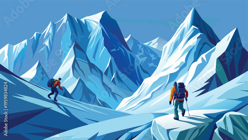 Two adventurous mountaineers trekking across a vast and frozen landscape of jagged icy mountains