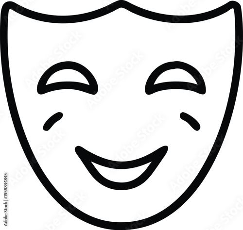 A simple black and white line drawing depicts a theatrical mask with a cheerful expression featuring curved eyebrows and a wide smile high quality professional detailed