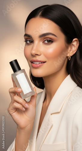Cosmetic advertise mockup woman holding perfume bottle for beauty product marketing