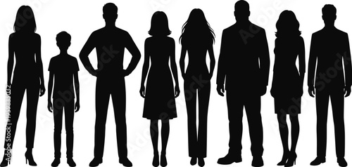 A set of diverse people silhouettes in various poses and outfits, representing a concept of unity and equality in a line art design.