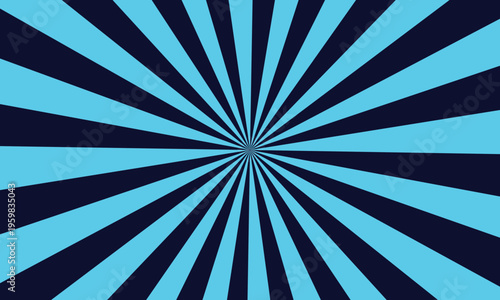 A cool sunburst pattern displays alternating light blue and dark blue rays emanating from a central point