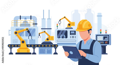 Industrial Engineer Monitoring Smart Factory Automation with Robotic Arms