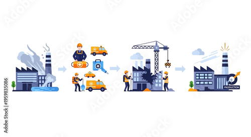 Industrial Disaster Recovery and Business Continuity: Factory Restoration and Production Restart Process Illustration