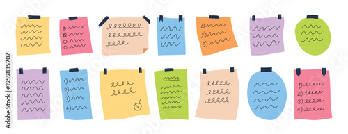 Color study collage with sticky notes, handwritten wavy marks across varied pastel papers, experimental texture and pattern exploration pinned to wall like palette, creative studio mood.