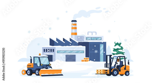 Winter Logistics and Industrial Operations: Factory with Snowplow and Forklift Clearing Snow, Delivering Goods