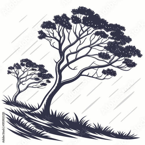 Dark trees on a windy hill grass