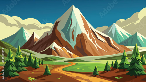 A vibrant digital illustration of a majestic snow capped mountain range surrounded by pine trees