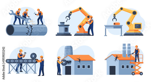 Industrial Maintenance, Manufacturing & Repair Operations Vector Set with Factory Workers, Robotic Arms & Facility Management