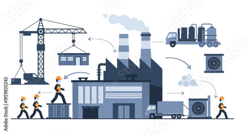 Industrial Process Flow Diagram: Manufacturing, Construction, Logistics, and Supply Chain Management Illustration