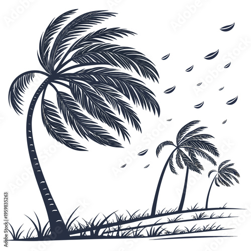 Dark palm trees on a windy day leaves grass