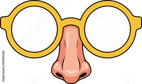 Cartoon illustration of a nose with glasses, mimicking a comic book style. Bold, bright yellow and red colors create a playful and eye-catching visual. Perfect for fun designs and illustrations.