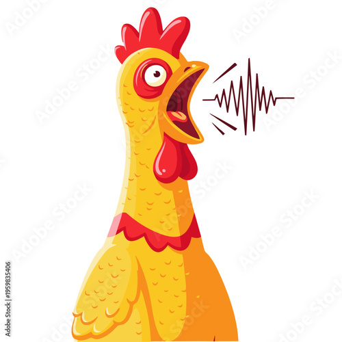 A cartoon chicken emits a 'squeak laugh' sound wave. Bright, playful illustration with a vibrant yellow background. Perfect for fun and cheerful designs.