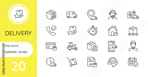 Set of linear icons. Delivery, courier. Vector, editable.