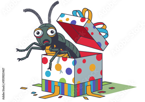 A comical black bug pops out of a polka-dotted gift box, expressing surprise and delight. Bright, playful illustration with a humorous tone.