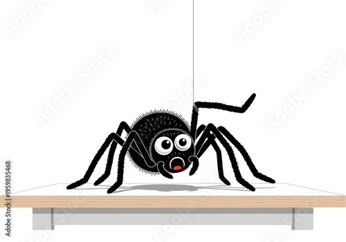 A comical black spider hangs from a shelf, displaying a 'Spider Prank Shock Laugh' banner. Bright, playful illustration with a clear foreground and simple background.