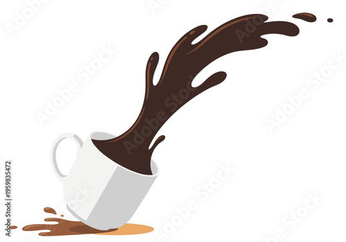 A comical mug spill prank trick! Dark coffee dramatically spills from a white mug, creating a dynamic splash. Clean, modern illustration style.