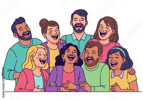 A diverse group laughs together during a playful prank. Bright colors and joyful expressions create a fun, engaging scene. Perfect for illustrating humor and camaraderie.