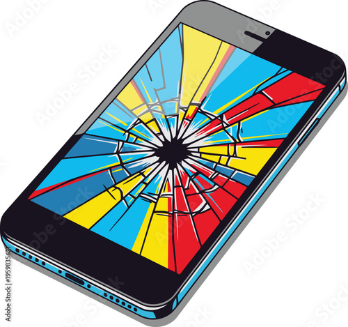 shattered iPhone illustration with a vibrant stylized crack pattern Bold colors and a playful 'Phone Fake Shock Laugh' text overlay create a striking visual