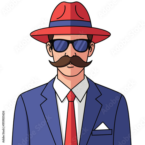 A stylish cartoon man in a suit and hat exudes a humorous 'mustache fake' look. Vibrant colors and a playful illustration style create a fun, eye-catching image.