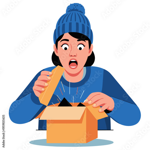 A surprised woman laughs while opening a box filled with gifts. Bright colors and a joyful expression create a dynamic, engaging image perfect for marketing and promotions.