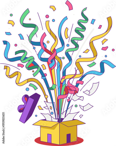 A vibrant explosion of confetti bursts from a gift box, celebrating a streamer box party! Bold colors and dynamic movement create a festive, energetic visual.