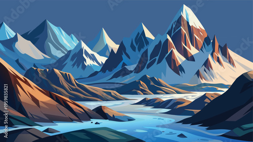 A serene digital illustration of majestic snow capped mountain peaks rising above a winding river