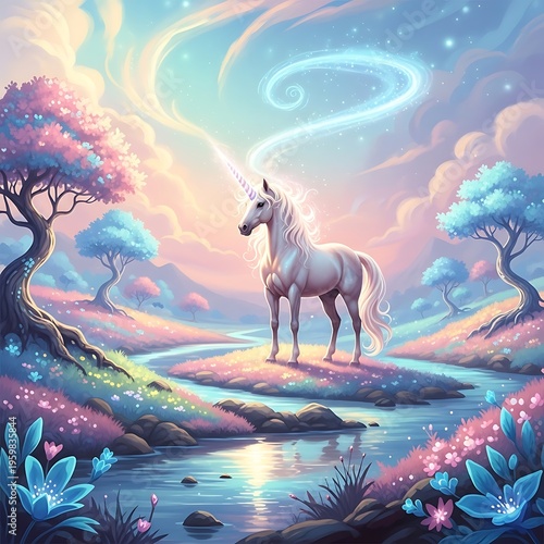 Unicorn standing in a magical forest with glowing river and colorful trees