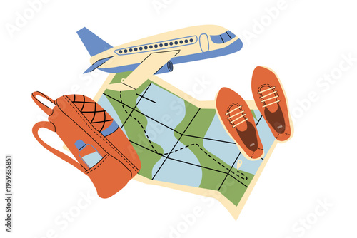 Travel backpack with airplane and map, sneackers composition. Travel by plane around the world, solo travel concept.