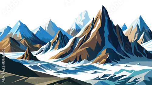 A stylized digital illustration of a majestic mountain range featuring snow capped rocky peaks