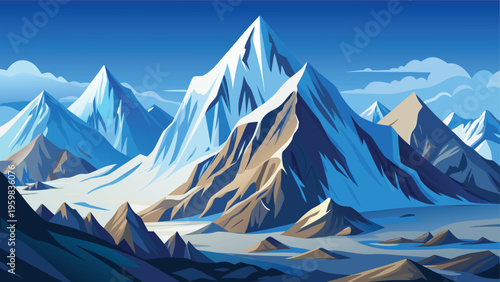 A majestic digital illustration of sharp snow-capped mountain peaks rising against a clear blue sky
