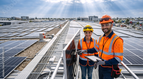 Solar energy engineers inspecting panels on a rooftop. Team of workers discussing maintenance with tablet. Renewable power planning concept