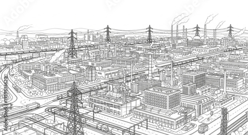 Industrial Complex Sketch - Detailed Aerial View of a Manufacturing Plant.