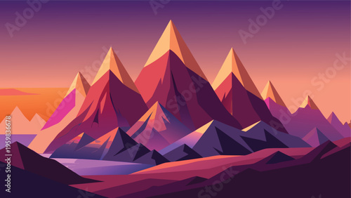 A vibrant digital illustration of majestic mountain peaks glowing under a warm sunset sky landscape