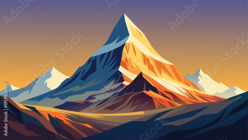 A minimalist vector illustration of a majestic snow capped mountain peak at a golden sunset hour