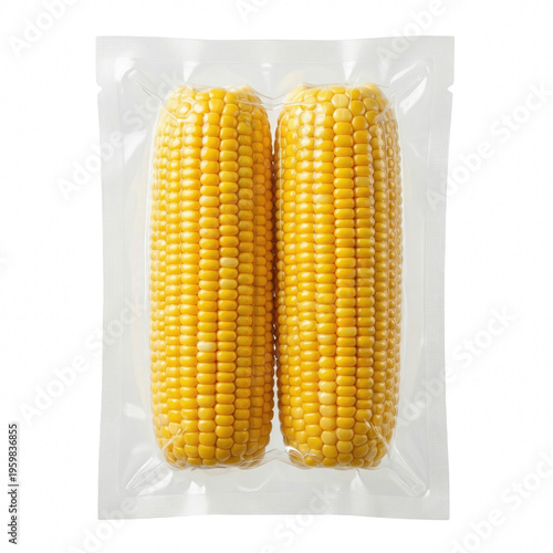 Two fresh yellow corn cobs in vacuum sealed transparent plastic packaging