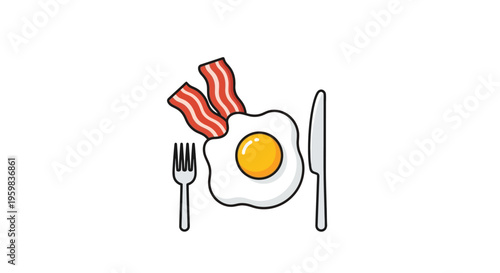 Breakfast icon: fried egg, bacon, fork, and knife on a clean white background