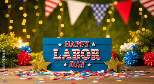 Happy labor day celebration background with patriotic decorations and colorful confetti