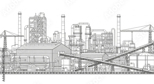 Industrial Complex Sketch - Detailed Outlines of a Large Factory.