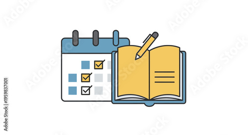 Iconic representation of scheduling, planning, and task management with calendar and notebook