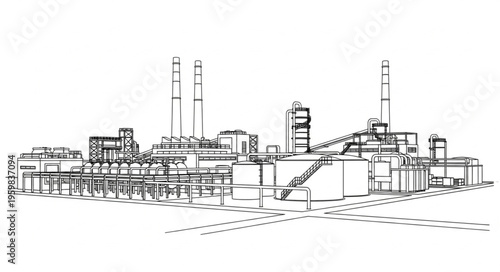 Industrial Complex Sketch - Detailed Outlines of Factory Structures.