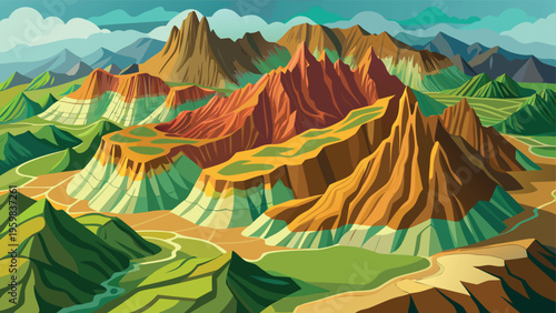 A vibrant digital illustration of a majestic mountain range featuring layered colorful terrain