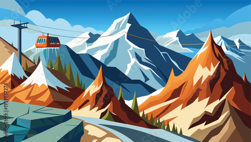A vibrant vector illustration of a red cable car traversing snowy mountain peaks under a clear sky
