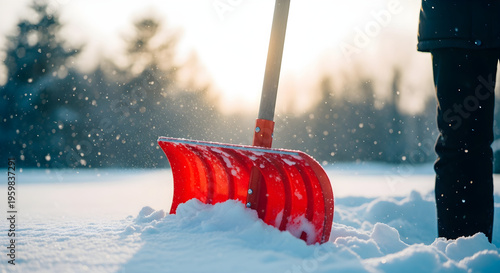 Labor day snow removal red shovel in snowy landscape on labor day