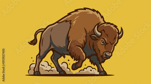 Bison Charging Forward Aggressive Animal.