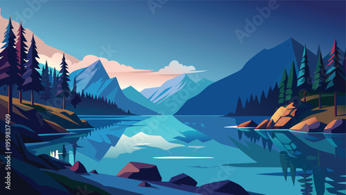 A serene mountain landscape featuring a calm lake reflecting the towering peaks and pine forest